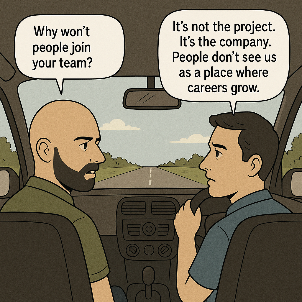 two people conversing about difficulties in talent pool while carpooling