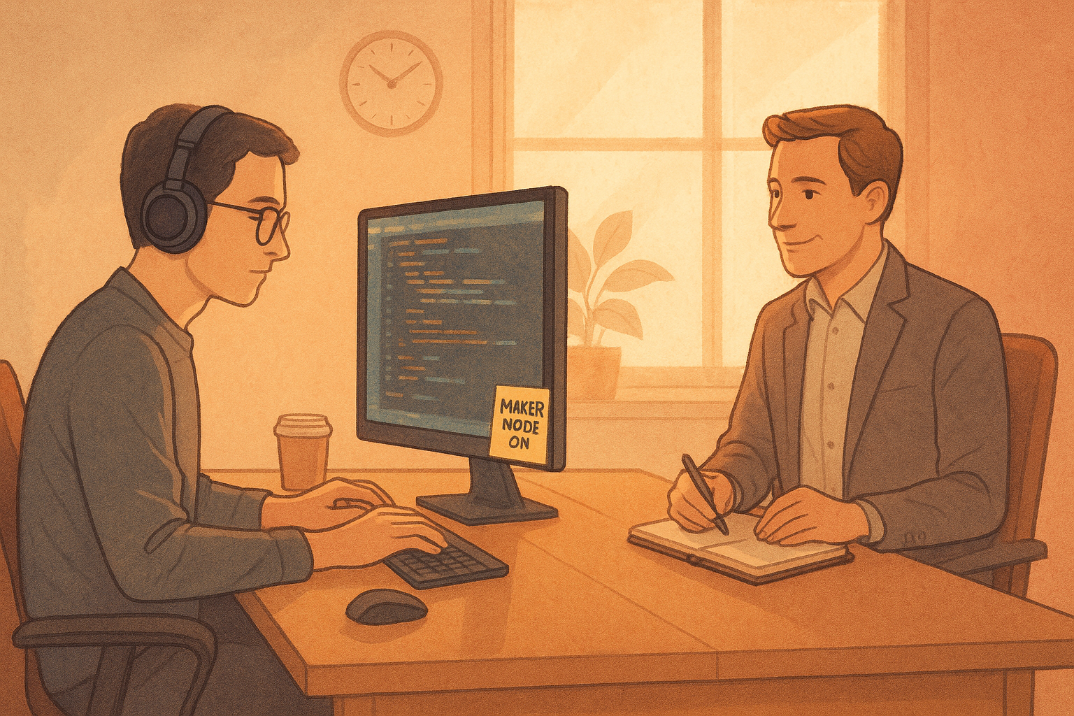 Two individuals are working at a desk, one using a computer with headphones and the other taking notes.